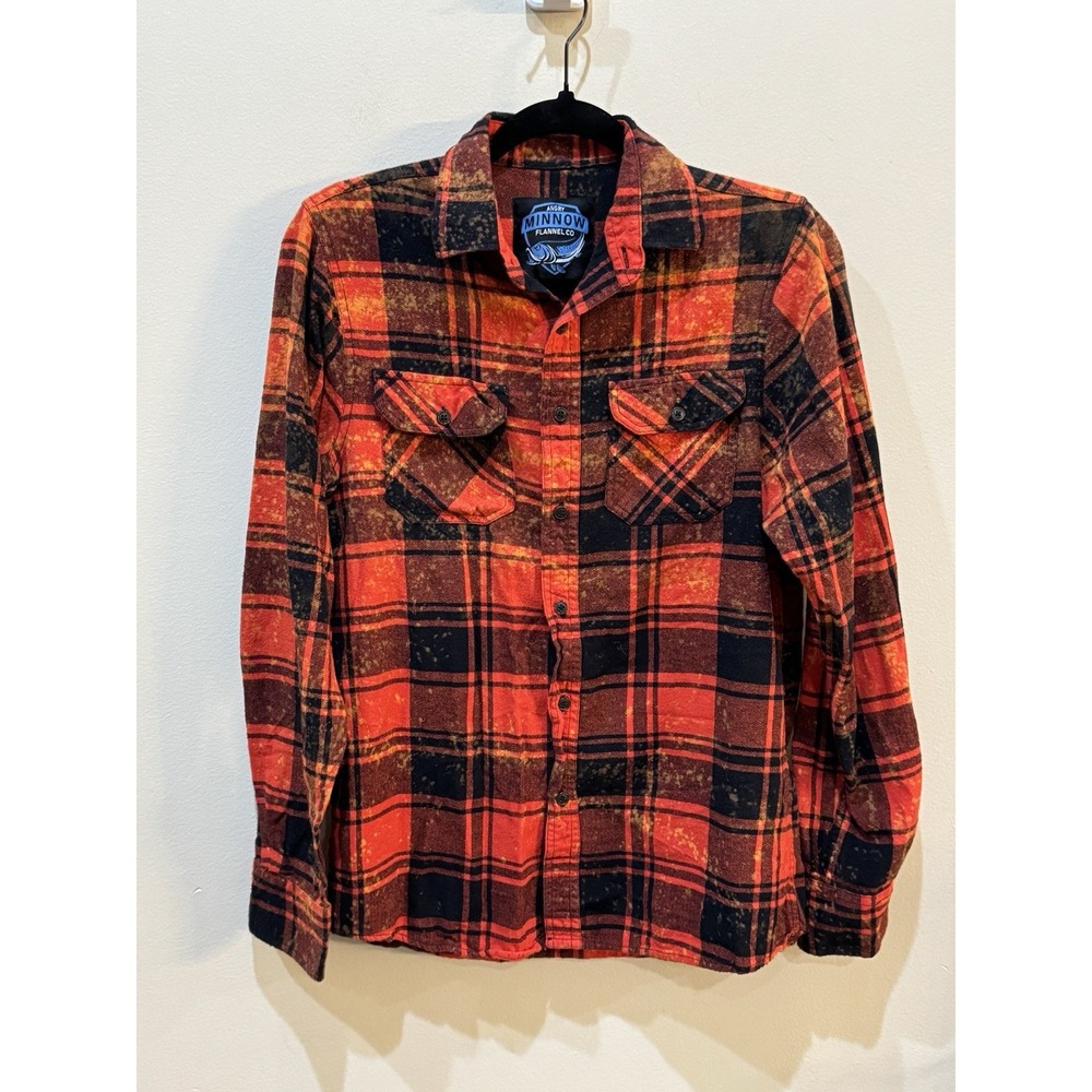 Angry Minnow Brushed Flannel Acid Splatter Red Plaid Size Small Met Later Life - Picture 10 of 10